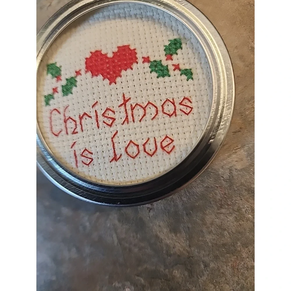 Handmade Completed Cross Stitch Canning Jar Lid Cover 